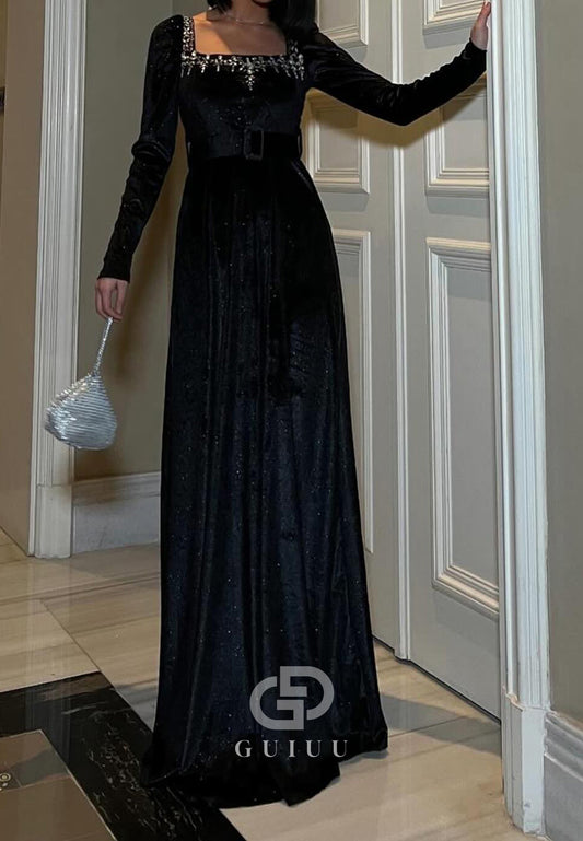 Sparkly Long Sleeves Square Empire-Waist Evening Dress