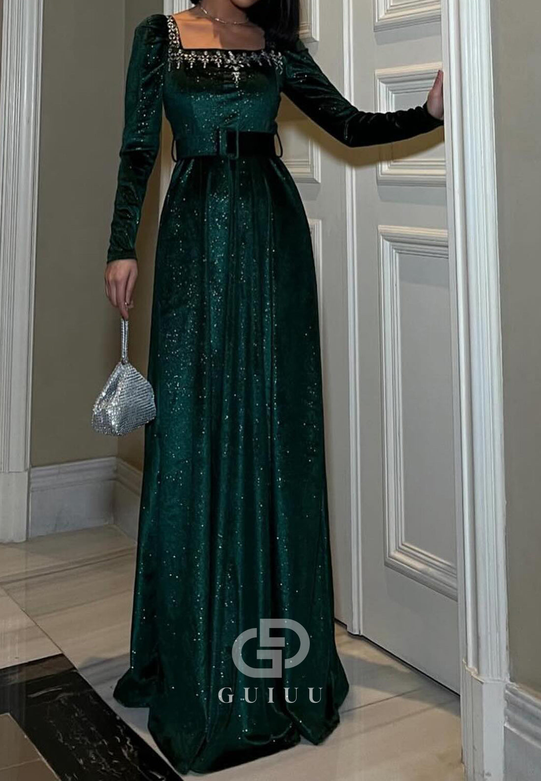 Sparkly Long Sleeves Square Empire-Waist Evening Dress
