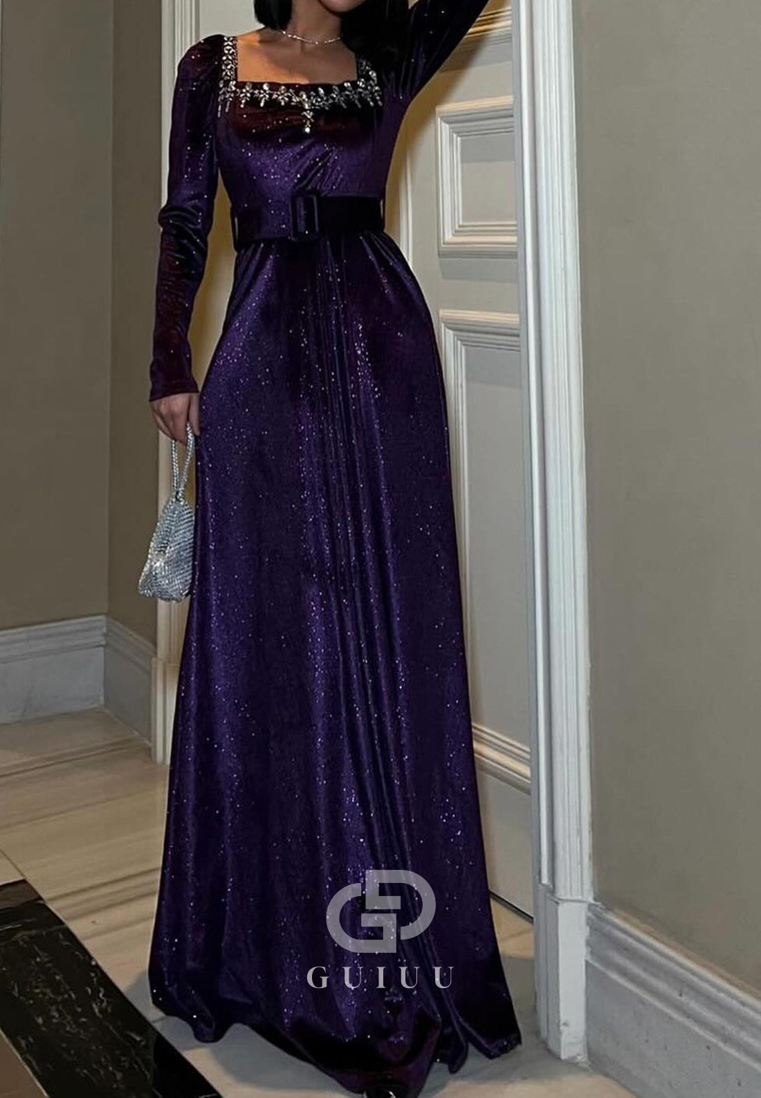 Sparkly Long Sleeves Square Empire-Waist Evening Dress