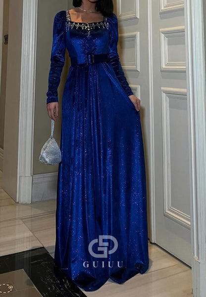 Sparkly Long Sleeves Square Empire-Waist Evening Dress