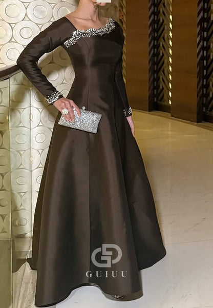 Black A-Line Long Sleeves Sequins Ruched Evening Dress