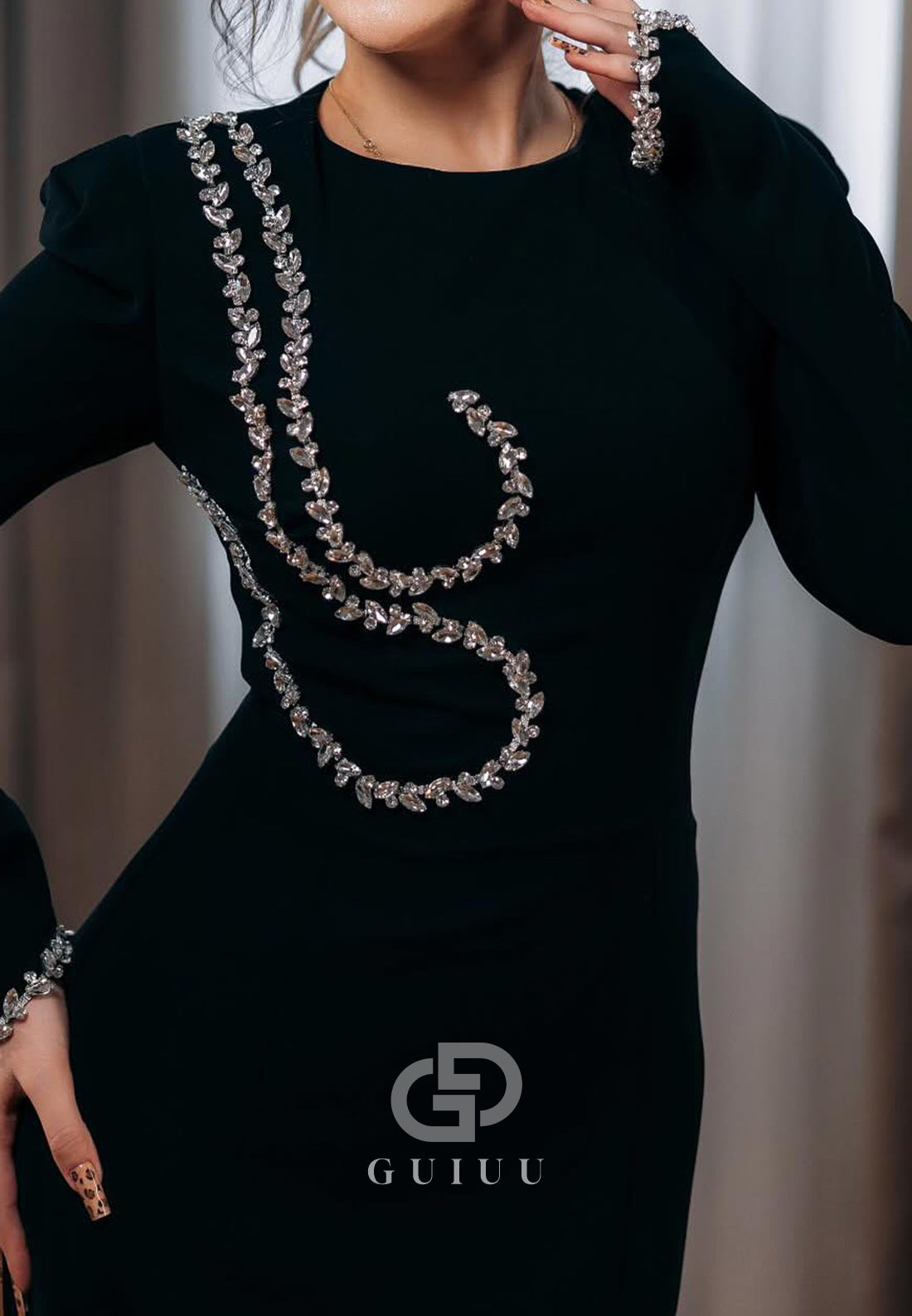Black Long Sleeves Scoop Beads Floor-Length Evening Dress