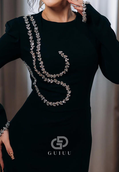 Black Long Sleeves Scoop Beads Floor-Length Evening Dress