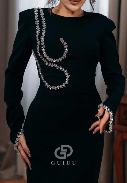 Black Long Sleeves Scoop Beads Floor-Length Evening Dress