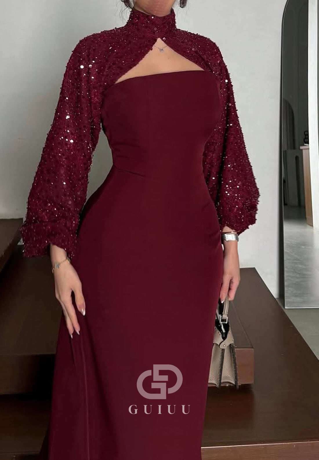 Burgundy A-Line Long Sleeves High Neck Evening Dress