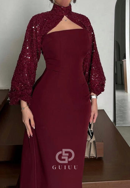 Burgundy A-Line Long Sleeves High Neck Evening Dress