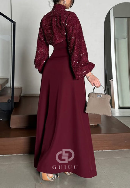 Burgundy A-Line Long Sleeves High Neck Evening Dress
