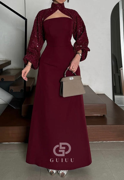 Burgundy A-Line Long Sleeves High Neck Evening Dress