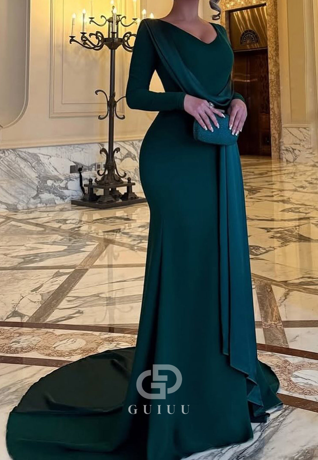 Dark Green Long Sleeves V-Neck Mermaid Evening Dress