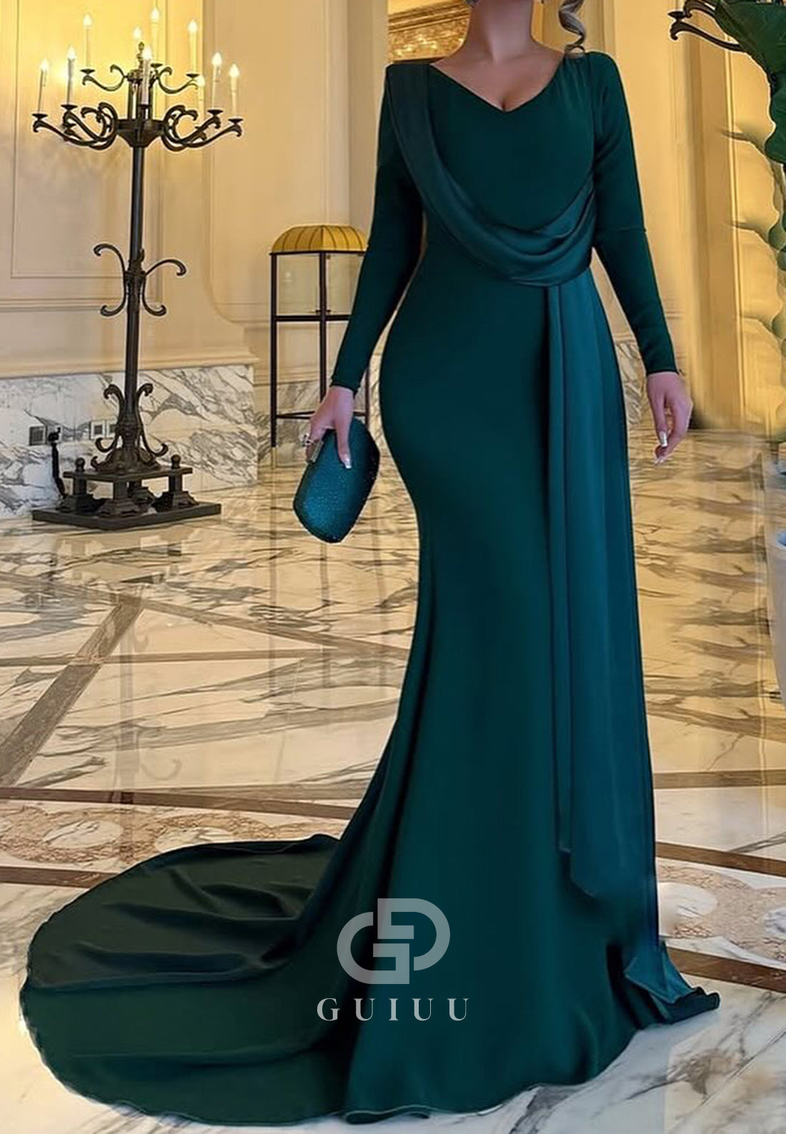 Dark Green Long Sleeves V-Neck Mermaid Evening Dress