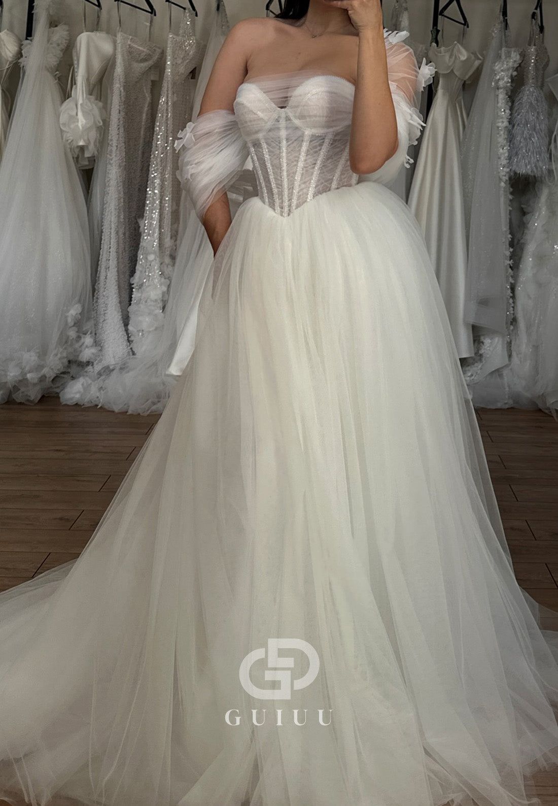 A-Line Sleeveless Strapless Corset Tulle Lace Wedding Dress