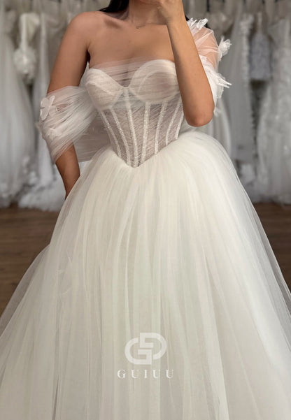 A-Line Sleeveless Strapless Corset Tulle Lace Wedding Dress
