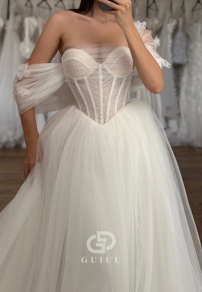 A-Line Sleeveless Strapless Corset Tulle Lace Wedding Dress