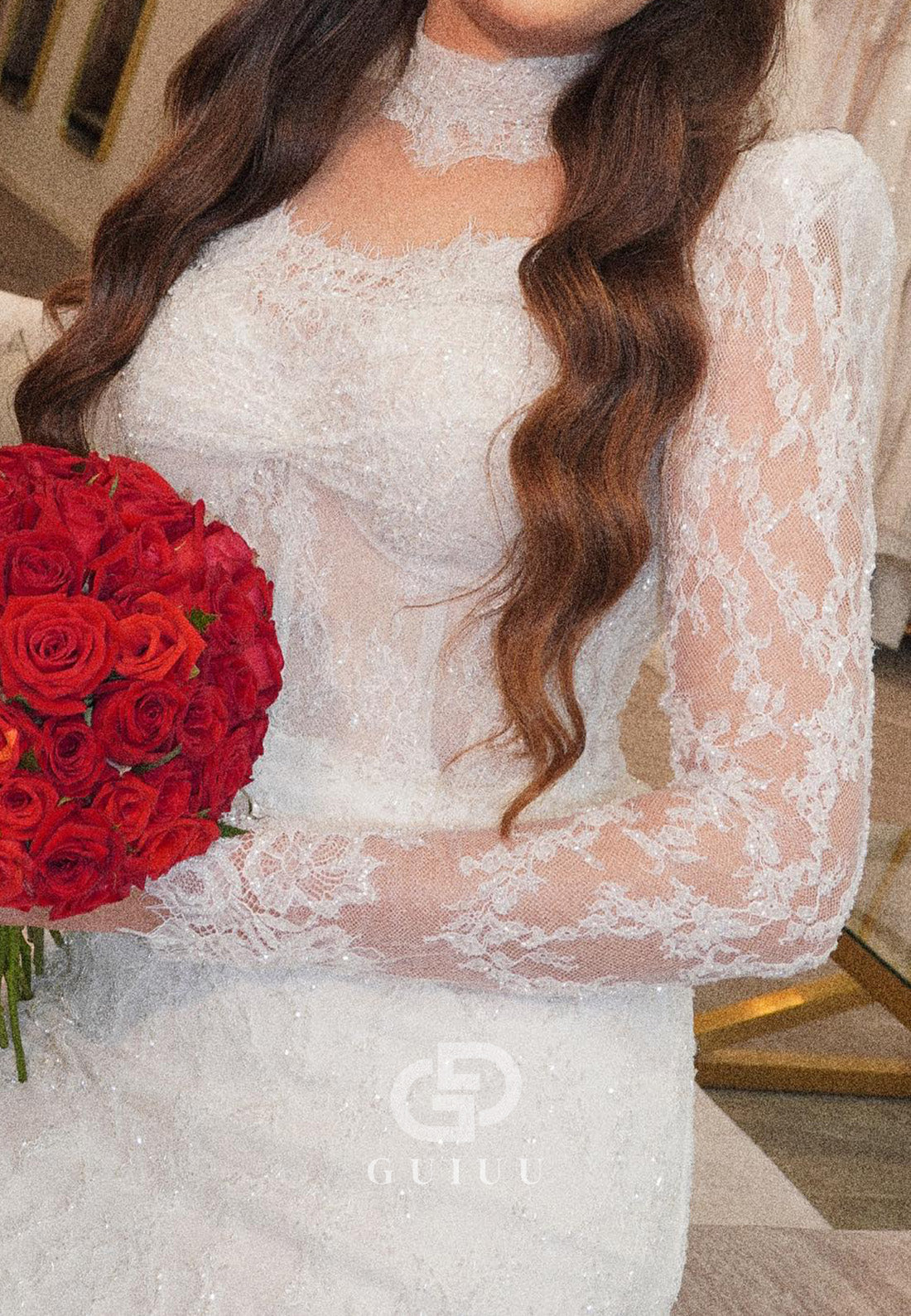 Simple Long Sleeves High Neck Corset Tulle Lace Wedding Dress