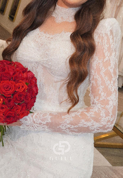 Simple Long Sleeves High Neck Corset Tulle Lace Wedding Dress