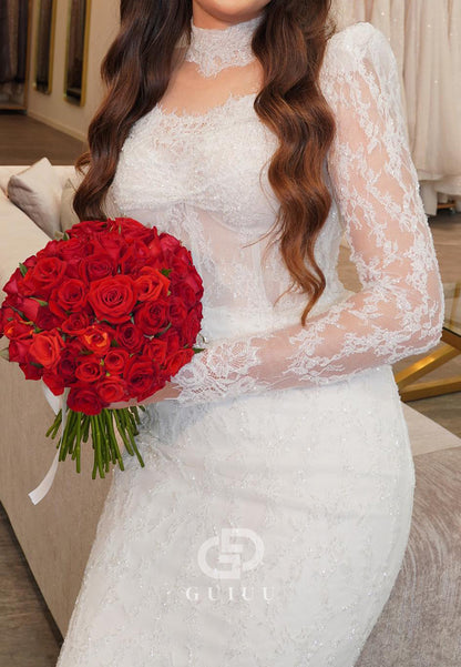 Simple Long Sleeves High Neck Corset Tulle Lace Wedding Dress