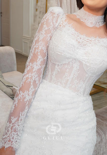 Simple Long Sleeves High Neck Corset Tulle Lace Wedding Dress