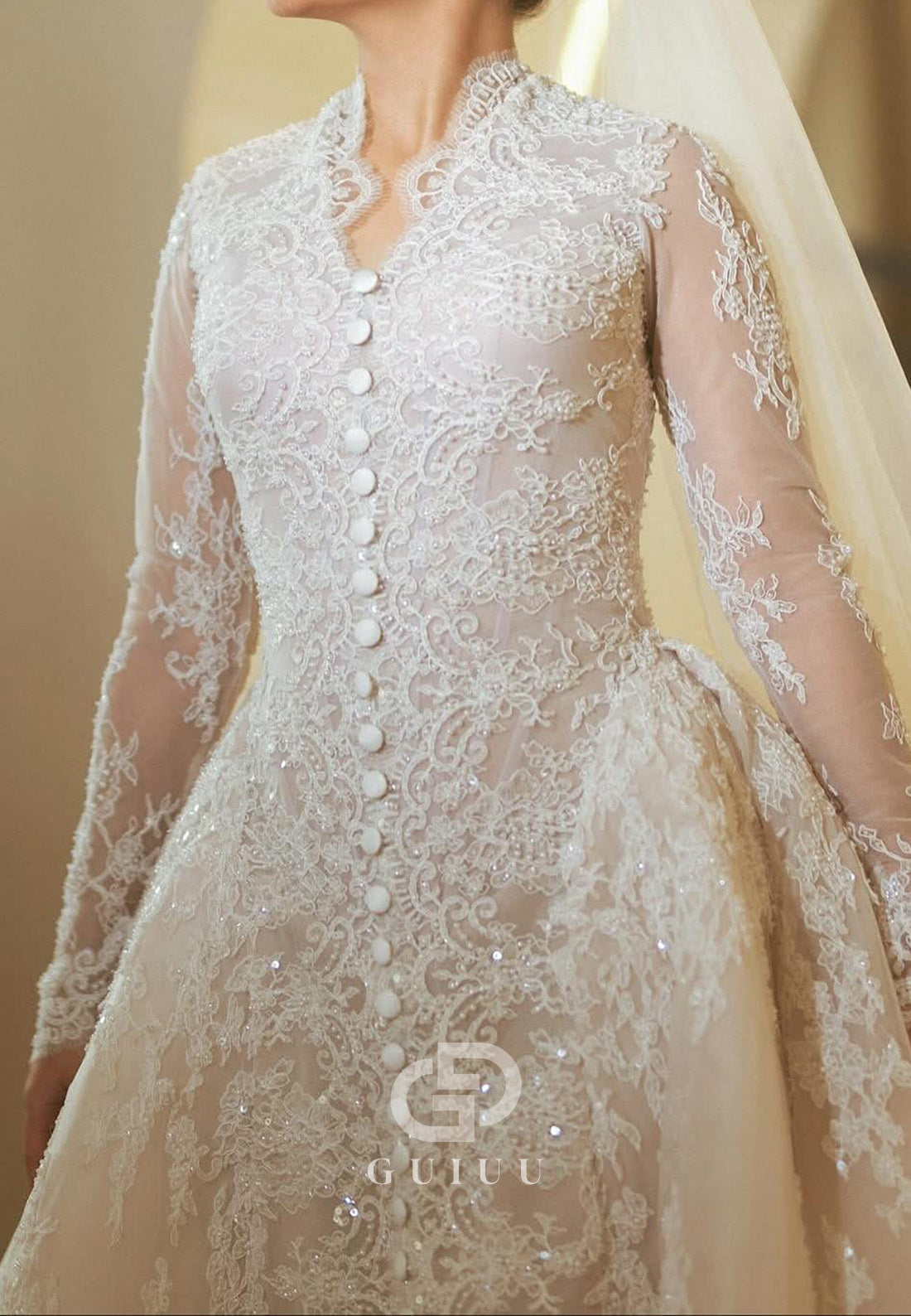 Elegant Long Sleeves V-Neck A-Line Lace Wedding Dress