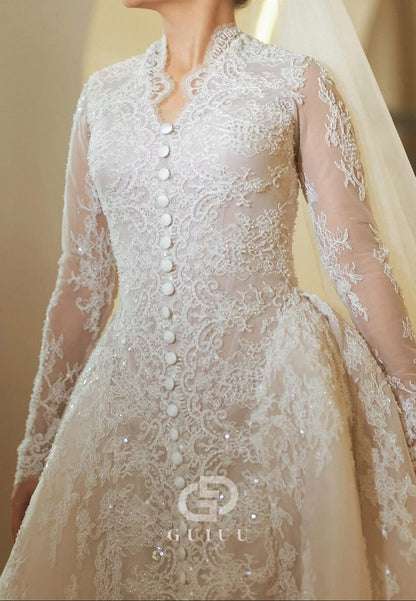 Elegant Long Sleeves V-Neck A-Line Lace Wedding Dress