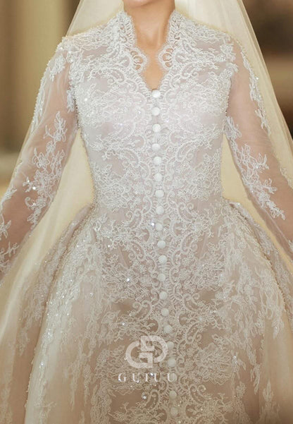 Elegant Long Sleeves V-Neck A-Line Lace Wedding Dress