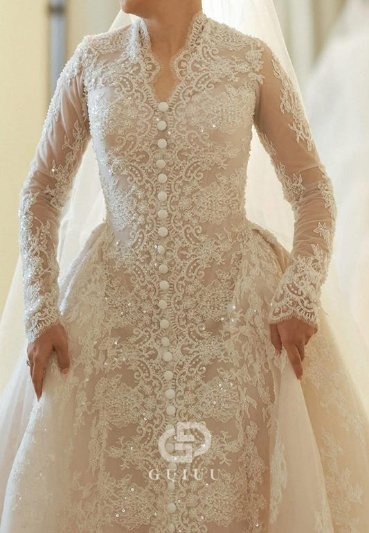 Elegant Long Sleeves V-Neck A-Line Lace Wedding Dress
