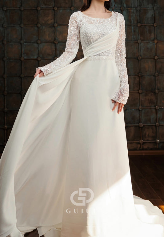 Simple Long Sleeves Scoop Empire-Waist Lace Wedding Dress