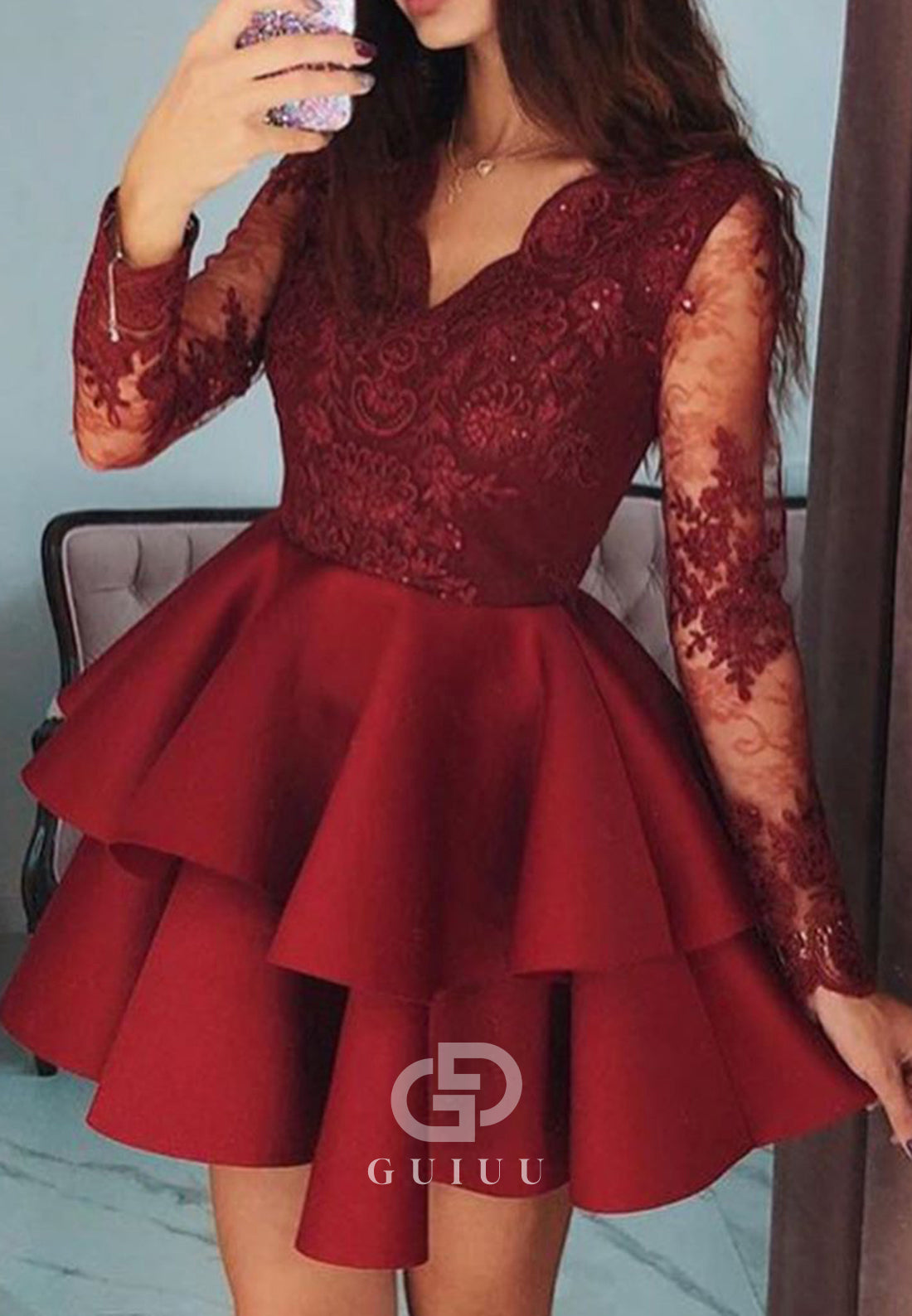 Burgundy Long Sleeves V-Neck Ruffles Appliques Homecoming Dress