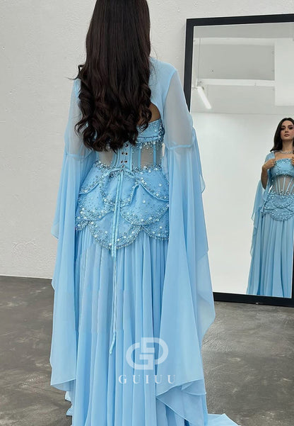 Sky Blue Long Sleeves Scoop Corset Tulle A-Line Prom Dress