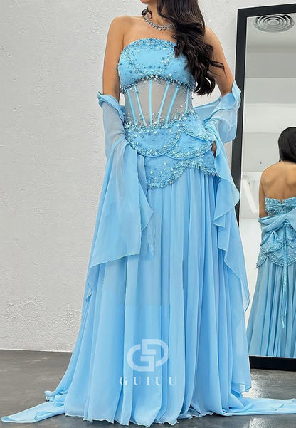 Sky Blue Long Sleeves Scoop Corset Tulle A-Line Prom Dress