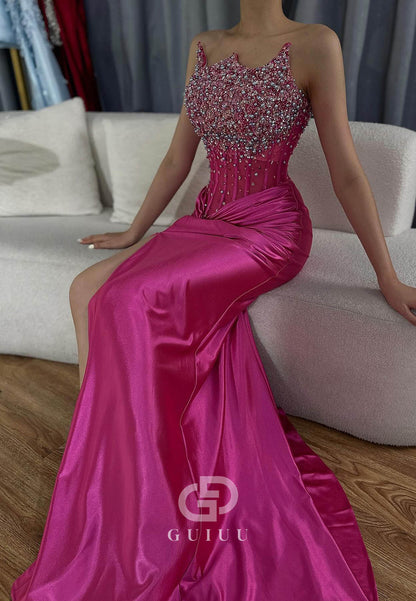 Charming A-Line Sleeveless Strapless Sequins Slit Ruched Prom Dress
