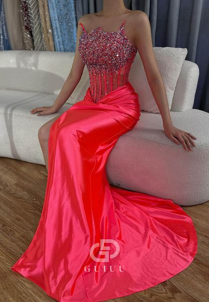 Charming A-Line Sleeveless Strapless Sequins Slit Ruched Prom Dress