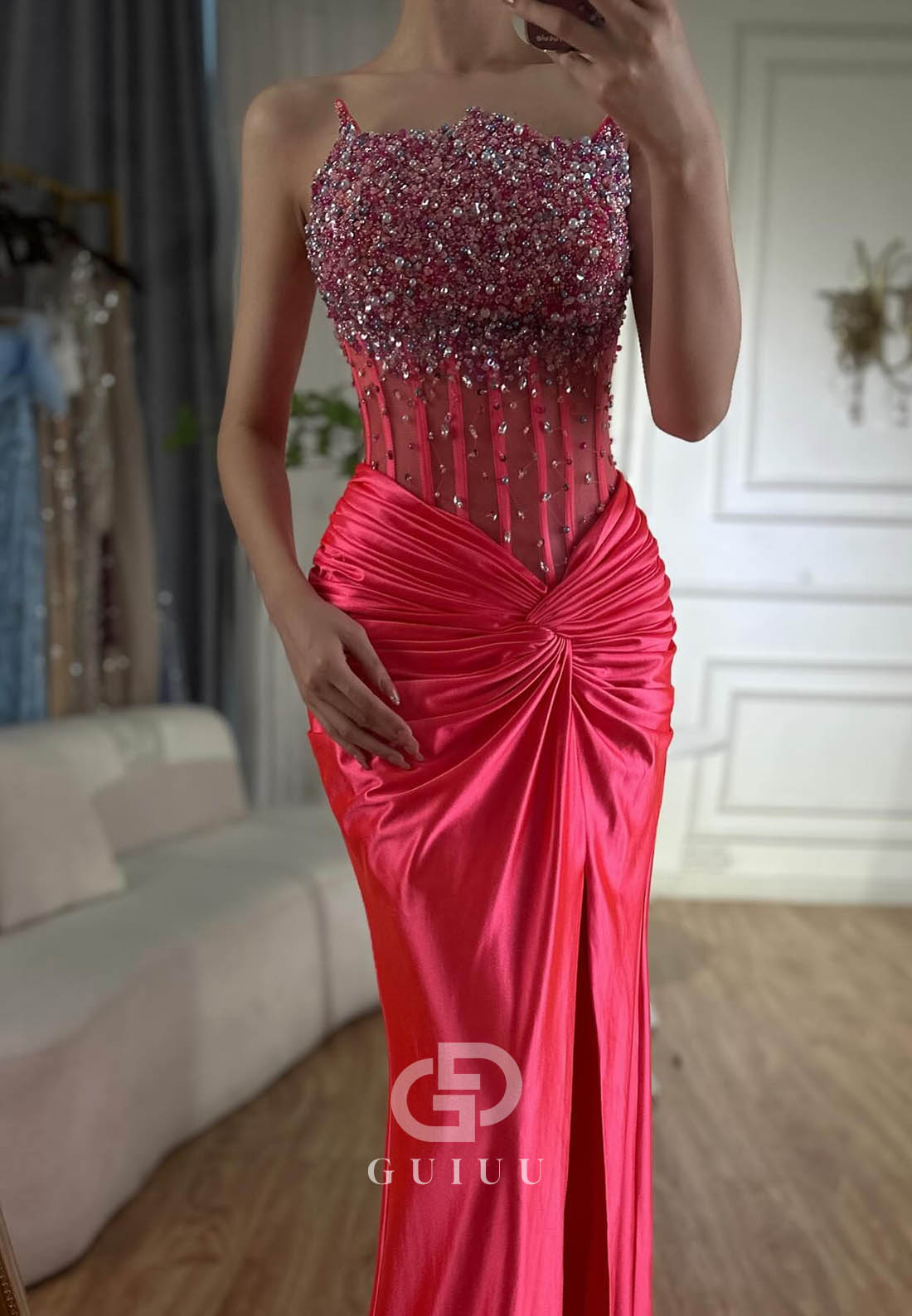 Charming A-Line Sleeveless Strapless Sequins Slit Ruched Prom Dress
