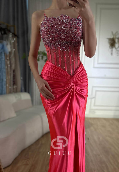 Charming A-Line Sleeveless Strapless Sequins Slit Ruched Prom Dress