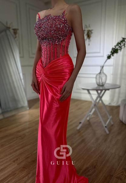Charming A-Line Sleeveless Strapless Sequins Slit Ruched Prom Dress