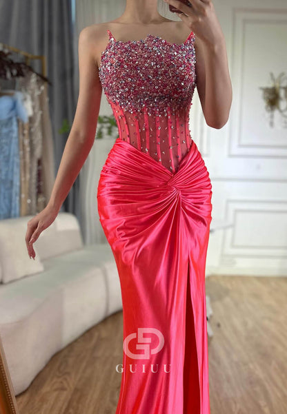 Charming A-Line Sleeveless Strapless Sequins Slit Ruched Prom Dress
