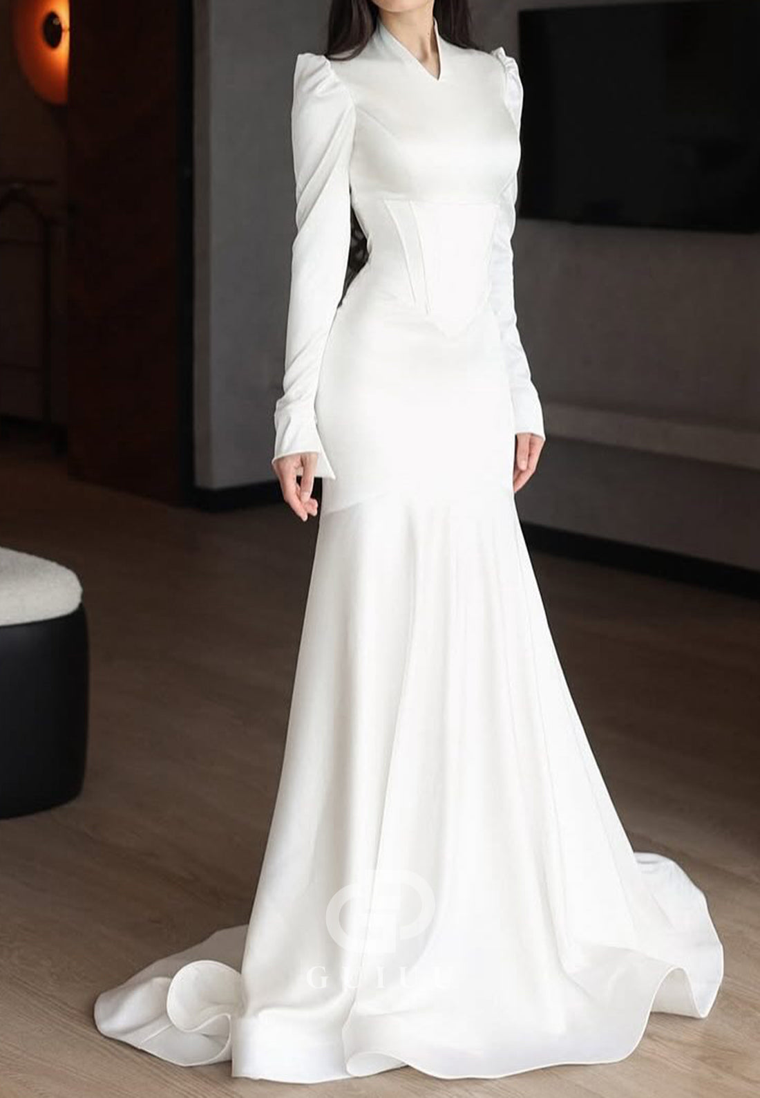 Elegant Long Sleeves V-Neck Satin Mermaid Wedding Dress