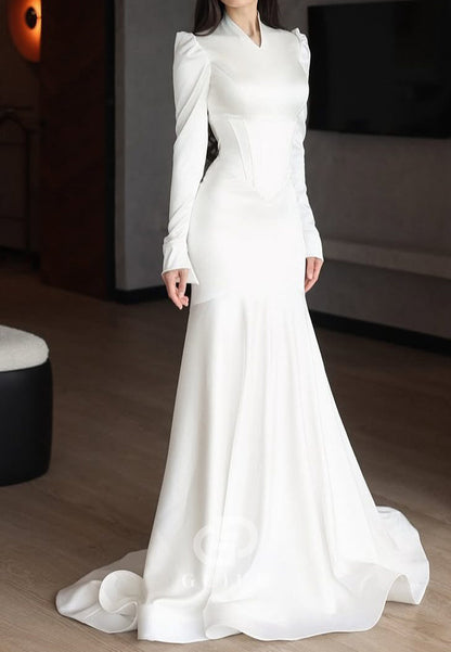 Elegant Long Sleeves V-Neck Satin Mermaid Wedding Dress