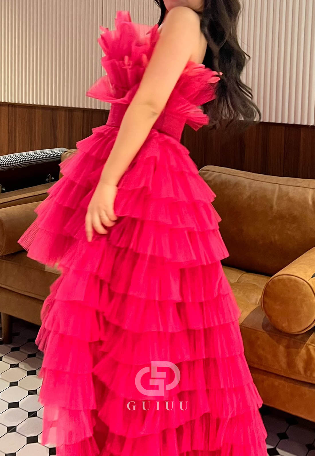 Fuchsia Sleeveless Strapless Ruffles Lace  Prom Dress