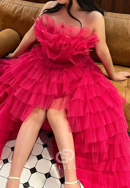 Fuchsia Sleeveless Strapless Ruffles Lace  Prom Dress