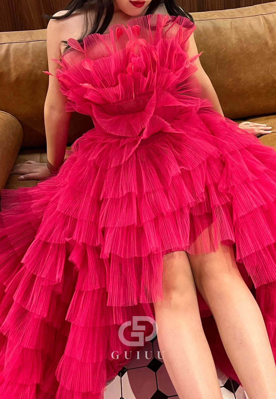 Fuchsia Sleeveless Strapless Ruffles Lace  Prom Dress