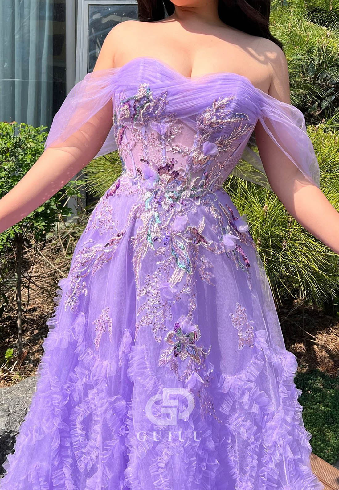 Lilac Sleeveless Strapless Feather A-Line Corset Tulle  Prom Dress