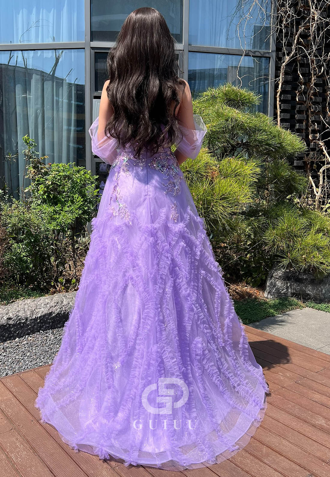 Lilac Sleeveless Strapless Feather A-Line Corset Tulle  Prom Dress