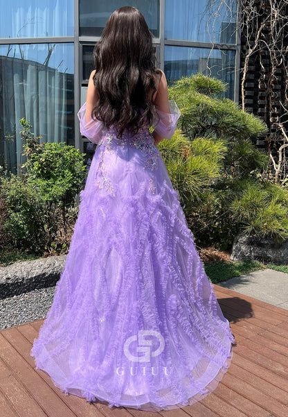 Lilac Sleeveless Strapless Feather A-Line Corset Tulle  Prom Dress