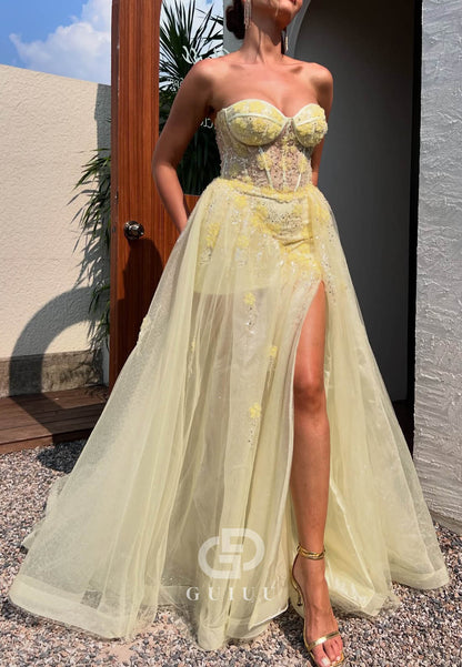Daffodil A-Line Sweetheart Sleeveless Slit Lace Prom Dress