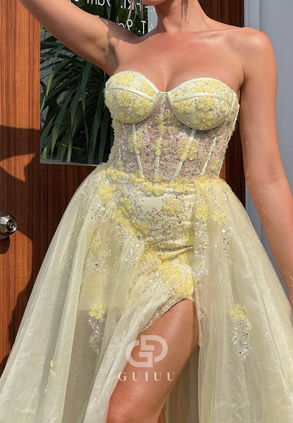 Daffodil A-Line Sweetheart Sleeveless Slit Lace Prom Dress