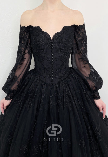 Black Long Sleeves Sweetheart A-Line Wedding Dress