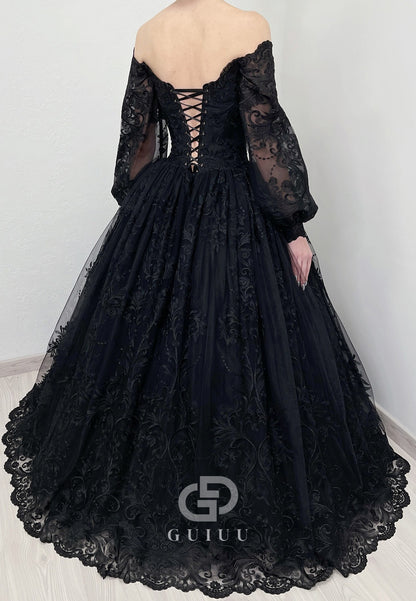 Black Long Sleeves Sweetheart A-Line Wedding Dress