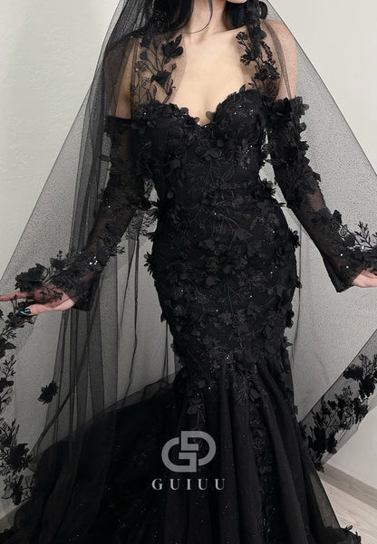 Black Long Sleeves Scoop Floral Appliques Wedding Dress