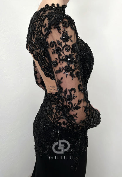 Black High Neck Long Sleeves Backless Mermaid Wedding Dress