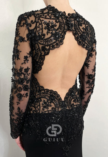 Black High Neck Long Sleeves Backless Mermaid Wedding Dress